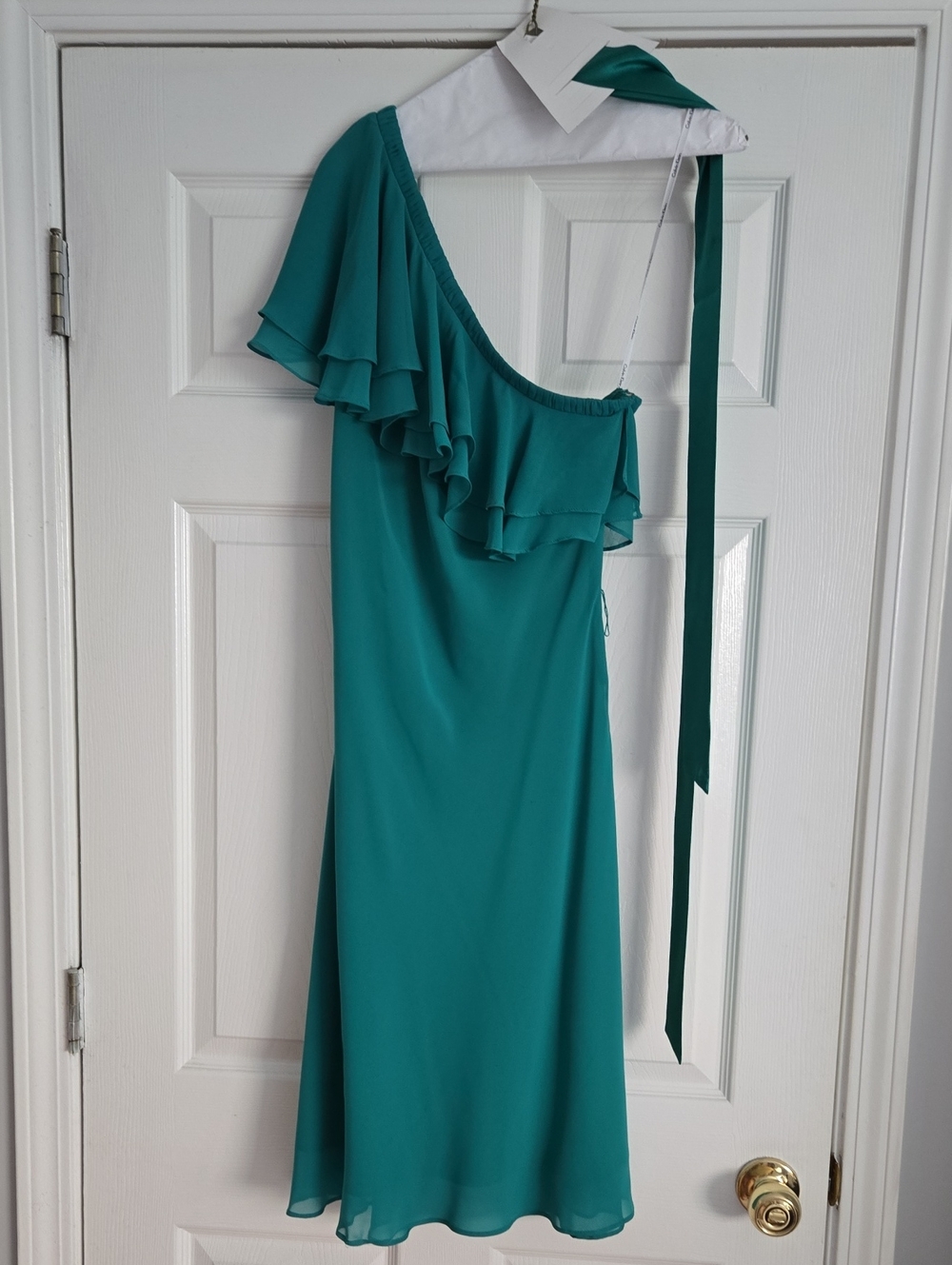 Calvin Klein Size 10 One-Shoulder Teal Ruffle Midi Dress With Tie
